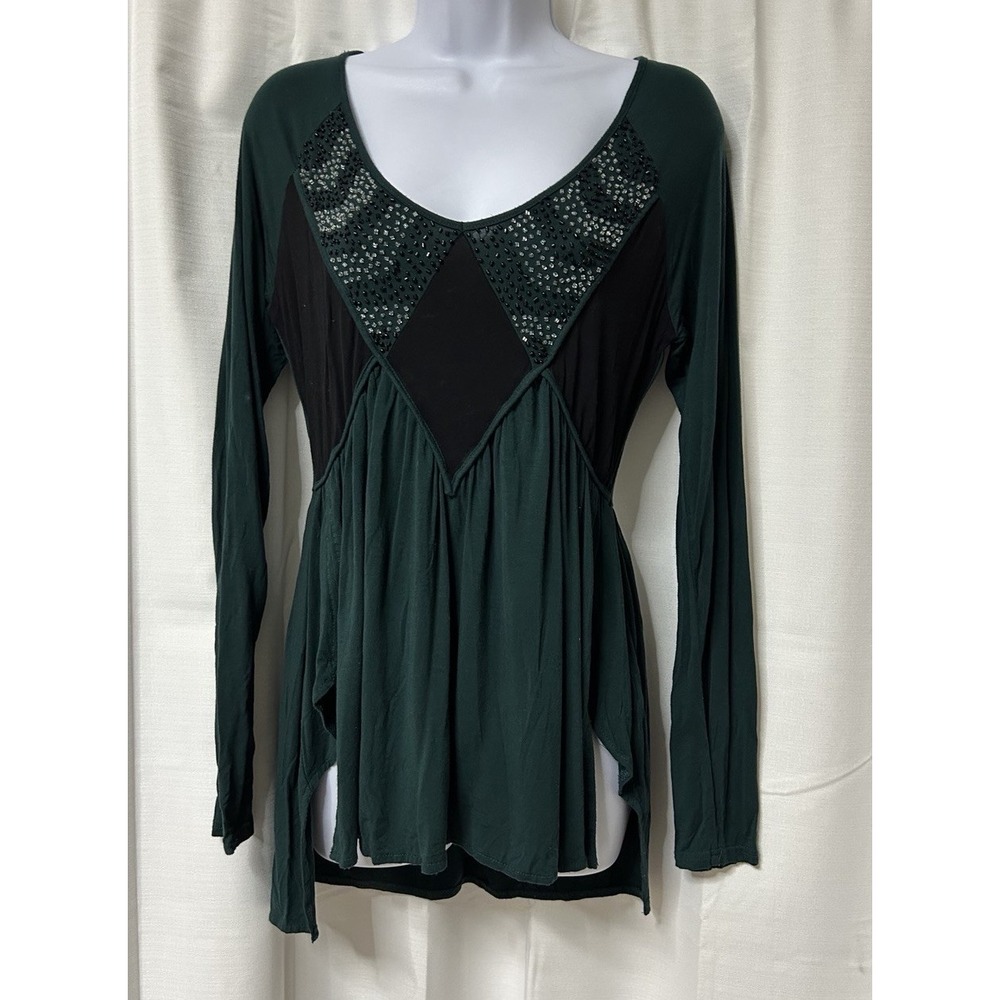 BKE Boutique Green Black Embellished Boho Tunic Witchy Stretch S
